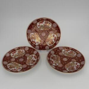 Vintage Gold Imari 1970s Hand Painted Plates Set of 3 Flower Cart Japan 7.5"
